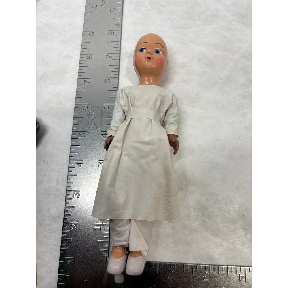 Vintage Composition Doll Blue Eyes White Nurse Gown 7.5 Inch Hand Painted Face